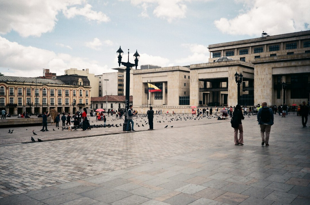 People gathered in a city plaza